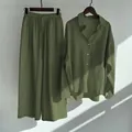 Two-piece cotton linen set featuring olive green shirt and matching wide-leg pants - Army Green