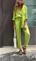 Ensemble décontracté en lin de coton vert lime pour femme avec pantalon - 3XL / Haut Et Bas / Jaune-vert