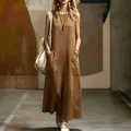 Elegant sleeveless solid brown maxi dress with pockets for a high-end casual look - S / Dresses / Camel