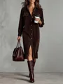 Professional model wearing an elegant brown corduroy long sleeve shirt dress with buttons. - XS / Dresses / Dark Brown