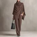 Elegant brown de velvet set featuring an asymmetric poncho top and wide-leg trousers - S / Top And Bottom / Light Coffee