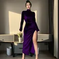 Elegant dark purple high neck velvet maxi dress with a sexy high side slit for winter. - S / Dresses / Purple