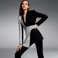 Elegant women's patchwork blazer with black fabric and shimmering silver sequins. - S / Tops / Black & Silver Two-Tone