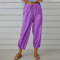Casual losse paarse katoenen linnen broek met hoge taille en knoopdetail voor dames - Paars