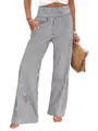High-waisted black and white striped wide-leg pants with smocked waistband and pockets. - S / Bottoms / Gray