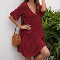 Women's loose casual V-neck tiered dress in maroon with ruffle sleeves - S / Dresses / Red