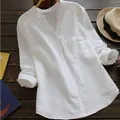 Camicia ampia in cotone e lino bianco con tasca e stile retrò casual da donna - 4XL / Top / Bianco