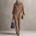 Brown German velvet turtleneck poncho and wide-leg trousers two-piece set for women - S / Top And Bottom / Camel