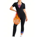 Body nero a maniche corte con cerniera frontale per controllo pancia e modellamento fisico - Taglia S / Top E Pantaloni / Modello lungo / Nero (Fodera Blu)