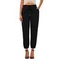Close-up detail view of women's black high-waisted drawstring joggers with elastic cuffs - S / Bottoms / Black