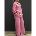 Damen Set aus rosa Leinen-Optik Hemd und Hose mit weitem Bein, lässiger Freizeitstil - S / Oberteil Und Unterteil / Rosa