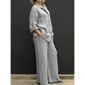 Women's casual grey linen-style two-piece set with long sleeve shirt and wide-leg pants - S / Top And Bottom / Light Gray