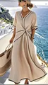 Elegant Bohemian beige summer maxi dress with V-neck and contrast black piping trim - S / Dresses / Apricot