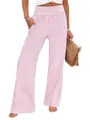 Close-up view of the smocked high waistband on pink and white vertical striped wide-leg trousers - S / Bottoms / Pink