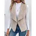 Fashionable beige sleeveless vest for women with textured fleece and ribbed design - S / Tops / Khaki