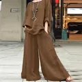 Conjunto de dos piezas de algodón y lino marrón con top de manga larga y pantalón ancho. - S / Top y Pantalones / Caqui