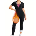 Body nero a maniche corte ad alta elasticità con cerniera per modellare il corpo - Taglia S / Top E Pantaloni / Modello lungo / Nero (Fodera Argentata)