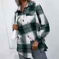 Chaqueta de camisa de franela a cuadros verdes y blancos para mujer, estilo libre - S / Tops / Verde