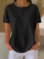 Maglia casual nera in maglia a nido d'ape con scollo Henley a maniche corte e vestibilità comoda - Taglia S / Top / Nero