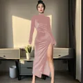 Elegant pink velvet long-sleeve dress featuring a high neck and sexy side slit design - S / Dresses / Pink