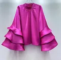 Elegant magenta satin blouse with multi-layered ruffle sleeves for a French chic look. - S / Tops / Rose Red
