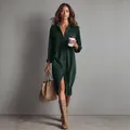 Dark green corduroy long sleeve shirt dress featuring a loose casual design - XS / Dresses / Dark Green