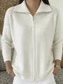 White ribbed knit zip-up cardigan with polo collar for casual women's winter fashion - White