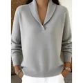 Elegante maglione grigio in maglia con scollo a V, maniche lunghe e trama a coste. - Taglia S / Top / Grigio