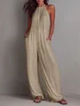 Detalle de mono caqui plisado con cuello halter y pernera ancha para las vacaciones - S / Conjuntos / Caqui