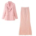 Detail view of pink double-breasted blazer and floral lace maxi skirt set. - S / Top And Bottom / Pink Jewelry Set