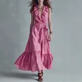 Elegant pink sleeveless maxi dress with ruffled V-neck and tie belt for summer - S / Dresses / Bright Pink
