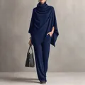 Elegant navy blue cowl neck cape poncho top and matching wide leg pants set for women - S / Top And Bottom / Blue