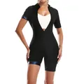 Body nero a maniche corte ad alta elasticità con cerniera frontale e bordo metallico blu - Taglia S / Top E Pantaloni / Nero (Fodera Blu)