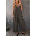 Lockerer ärmelloser Damen-Freizeit-Jumpsuit mit Seitentaschen in solidem Dunkelgrau - S / Oberteil und Hose / Grau