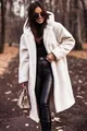 Elegant long white teddy fleece hooded coat styled with black leather pants in autumn. - S / Tops / Off White