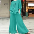Conjunto informal de lino y algodón verde azulado con camisa extragrande y pantalón ancho. - S / Top y Pantalones / Verde