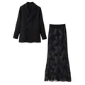 Elegant two-piece set featuring a black double-breasted blazer and a maxi black lace skirt - S / Top And Bottom / Black Zirconia Set