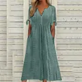 Robe d'été vert sauge à col en V avec broderie anglaise et manches nouées élégantes - Vert malachite