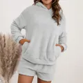 Soft light grey fuzzy two-piece loungewear set with hooded sweatshirt and matching shorts - S / Top And Bottom / Light Gray