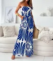 Eleganter trägerloser Jumpsuit mit blauem Blumendruck und gesmoktem Oberteil für Sommer - S / Blau