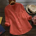 Chemise décontractée ample en coton et lin rouge brique à manches longues pour femme - 4XL / Hauts / Rouge pastèque