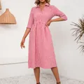 Stylish casual red and white gingham midi shirt dress with lapel collar and mid-sleeves - S / Dresses / Red