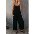 Lässiger, einfarbig schwarzer, locker sitzender Damen-Jumpsuit mit Spaghettiträgern - S / Oberteil und Hose / Schwarz