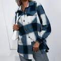 Chaqueta camisera de franela gruesa a cuadros azules y blancos para mujer, estilo de invierno - S / Tops / Azul zafiro