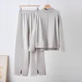 Elegant grey 2 piece knitwear set with mock neck sweater and split wide-leg trousers - One Size / Top And Bottom / Light Gray