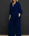 Elegant navy blue casual two-piece linen shirt and wide-leg pants set for women - Navy Blue