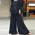 Conjunto casual azul marino de dos piezas con camisa de lino y pantalón ancho - S / Top y Pantalones / Negro