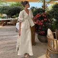 Elegant 2025 Summer puff sleeve V-neck tie top and high waist maxi skirt two-piece set - S / Top And Bottom / Apricot