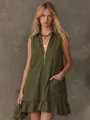 Full detail view of olive green A-line dress with V-neck zipper and ruffle hem - S / Dresses / Army Green