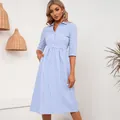 Loose casual blue and white gingham midi shirt dress with lapel collar and side pockets - S / Dresses / Blue